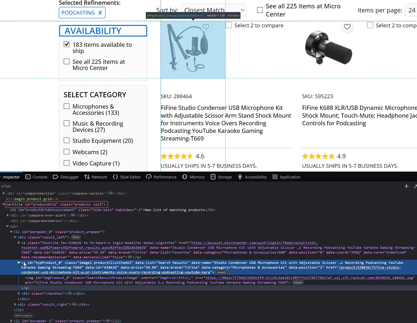 List of microphones in a product grid