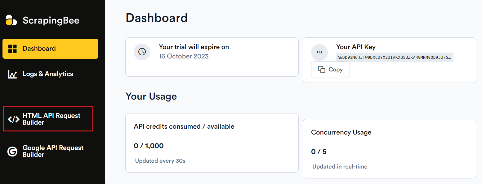 scrapingbee dashboard showing multiple functionalities